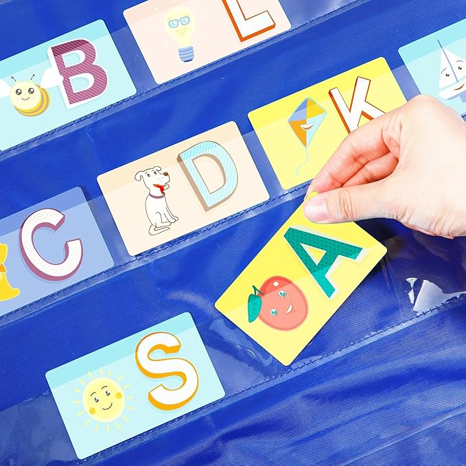 Gilprop 4 Pack 28" x 28" Standard Pocket Chart for Classroom, 7 Clear Calendar Pocket Chart for Homeschool Teaching Supplies for Word, Sentence, Cards, Calendar, Daily Schedule(Blue)