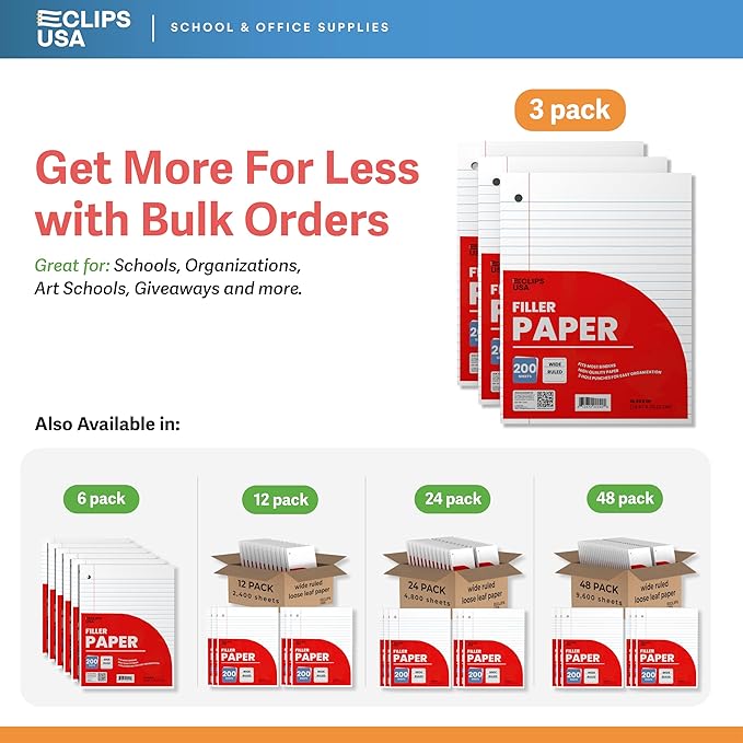 Wide Ruled Loose Leaf Paper Wide Ruled Notebook Paper Lined Writing Filler Paper 10.5” x 8” 56 gsm 600 Sheets 200 Sheet Per Pack (3 Pack)