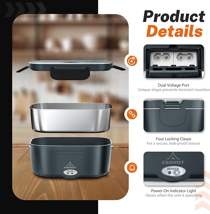 Heated Lunch Box,120W Electric Lunch Box for Adults with 1.5L 304 Stainless Steel Container, 12V/24V/110V Lonchera Eléctrica Portátil for Travel,Work,Car,Truck (Charcoal Grey, 1.5L x 4)