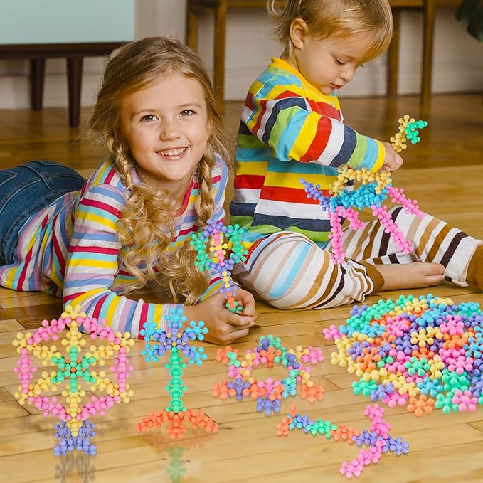 Snowflake Interlocking Building Block Educational Toy 100PCS for Kids Ages 3+, Multi-Color Solid Plastic Early Learning Creativity STEM Toy with Carrying Case Safe Material (Macaron Colors)