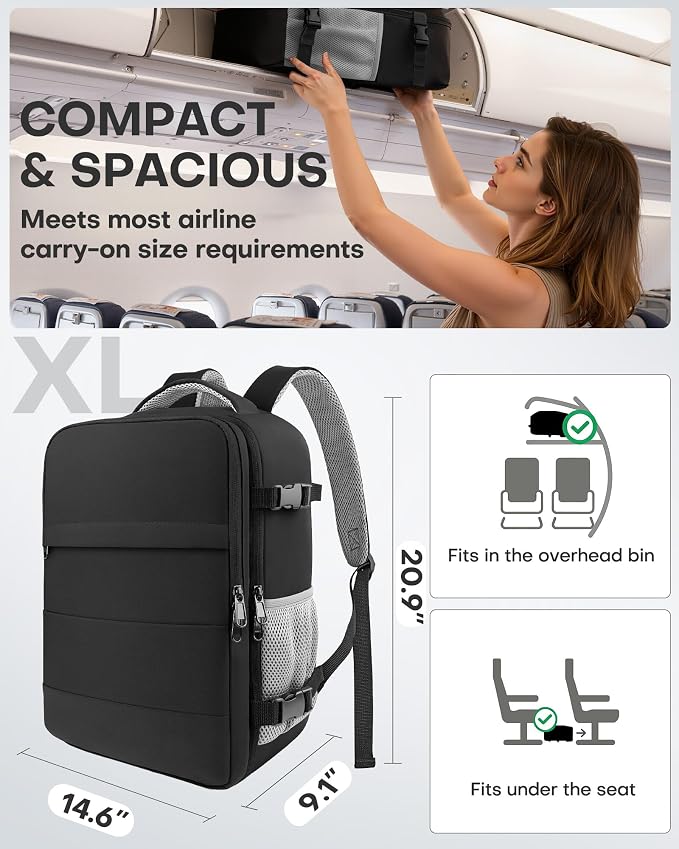 HOTOR Travel Backpack Flight Approved Bag Men Women, X-Large Black | TSA Carry on Luggage, 15.6inch Laptop, Casual Daypack Travel Essentials Nurse Bag for Work, Business, Weekender, College