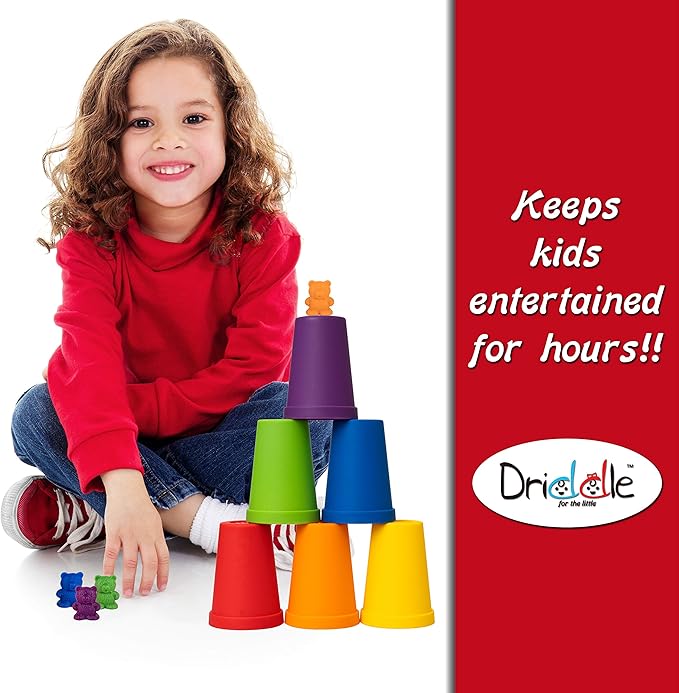 Driddle Colorful Counting Bears with Matching Cups - 60 Bears - Sort, Count & Color Recognition Learning Toy for Toddler & Kids - Montessori Education - Preschool Game