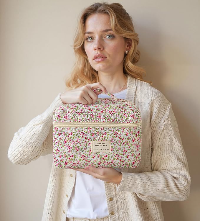 HBselect Quilted Makeup Bag, 3Pcs Cotton Large Travel Makeup Bags Organizer | Cute Floral Make up Bag Cosmetic Bag Toiletry Bag for Women Girls, Makeup Pouch for Skincare, Brushes & Travel Essentials