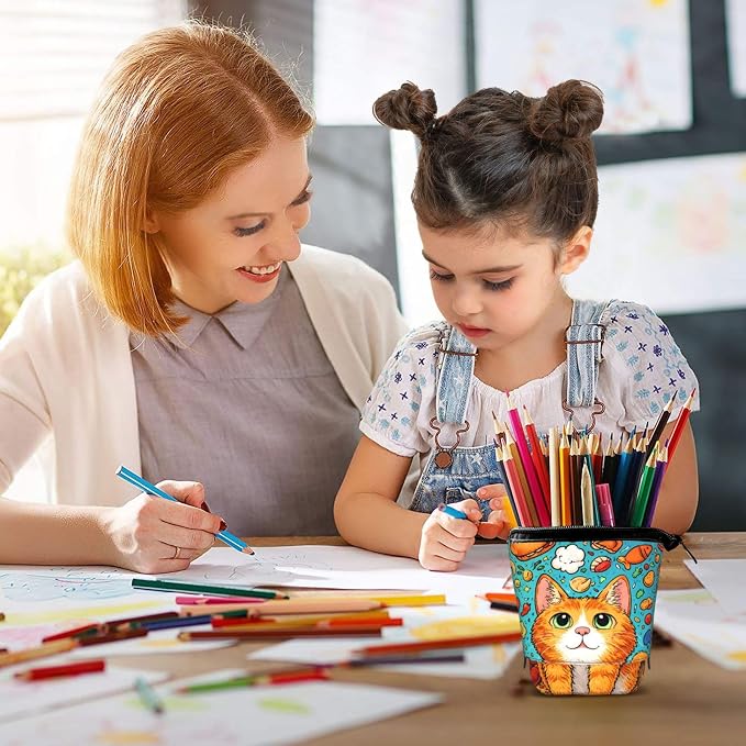 Cat Standing Pencil Case Cute Telescopic Stationary Pouch with Zipper Large Capacity Stand up Pen Bag Portable Makeup Holder for School Office Supplies