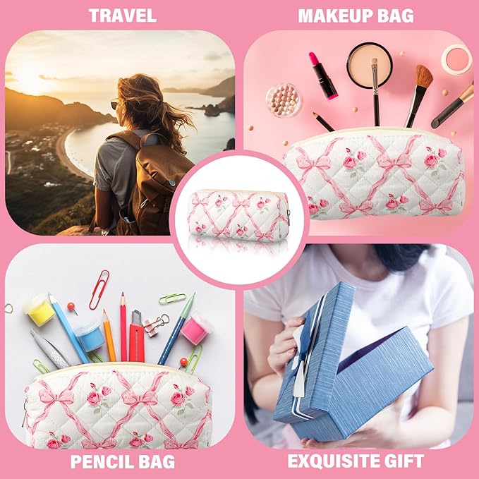 Sherr Coquette Pink Bow Pencil Case Pink Floral Bow Cute Pencil Pouch Soft Cotton Storage Bag Aesthetic Pattern Gift Makeup Pouch Cosmetic Bag for Women Adults