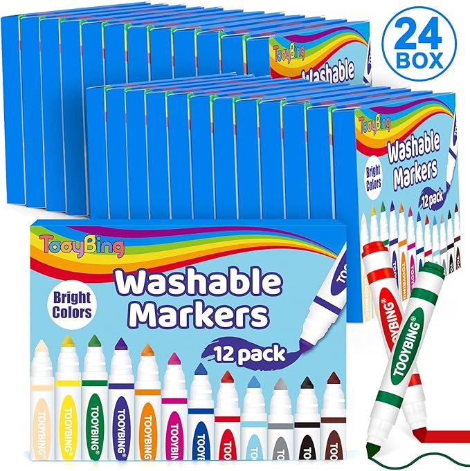 TooyBing Washable Markers Bulk (288 Count, 24 Box), 12 Assorted Colors, Washable Markers for Kids Classroom School, Broad Tip Durable for Back to Classroom Art School Supplies Essentials