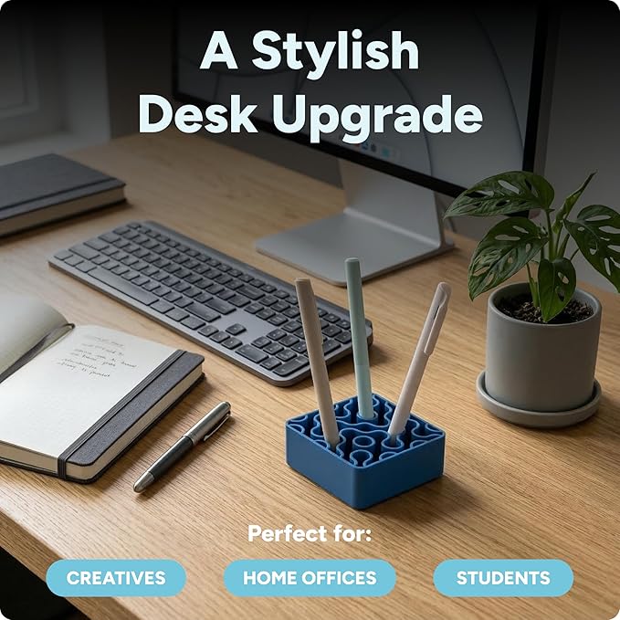 Modern Desk Pen & Pencil Holder Organizer | Unique Squiggle Design, Matte Finish, Non-Slip Rubber Feet | Stylish Office Desk Accessory & Storage for Home, Work, Classroom (Matte Blue)