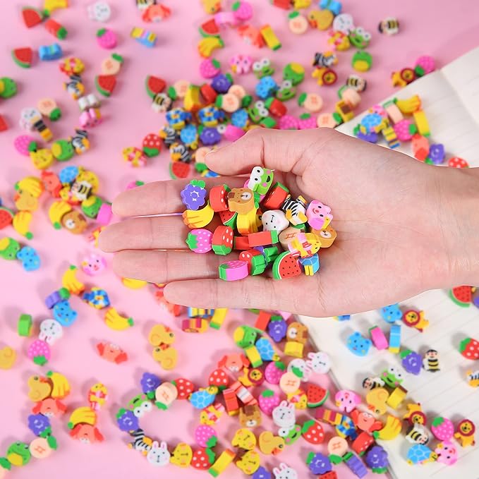 300 Pieces Mini Erasers for Kids, Bulk Small Animal Fruit Pencil Erasers Assortment for Home Rewards, School Supplies and Gift Filling