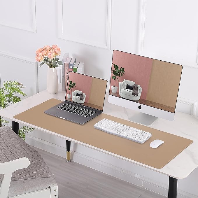 AFIING Cork Desk Mat 35.4" x 17", Dual-Sided Natural Cork & PU Leather Desk Pad, Non-Slip Waterproof Large Mouse Pad for Office, Home & Gaming, Dark Apricot
