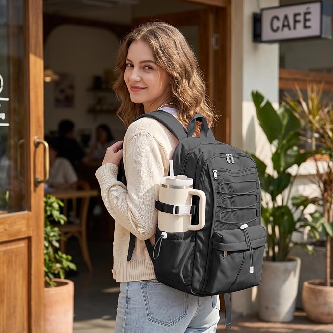 suwasp College Backpack for Women, Waterproof Laptop Backpack Fits 15.6 Inch Laptop, School Bookbag with Water Bottle Pocket, Anti Theft Work Backpack for College, Travel, Commuter, Black