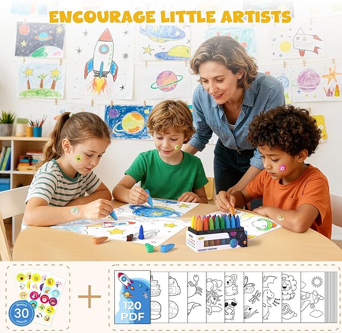 JUPITEARTH 24 Colors Crayons for Toddlers, Non-Toxic Washable Rocket Crayons, Easy-to-Hold Coloring Gifts & Mess-Free Art Supplies for Little Hands