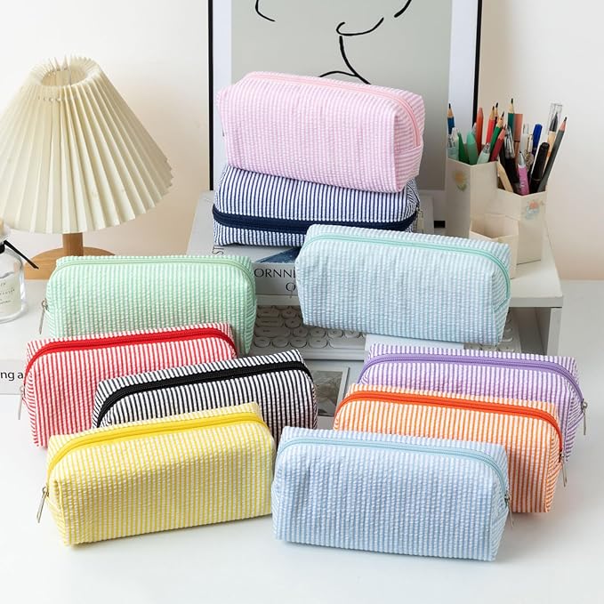 Cute Large Capacity Pencil Case | Aesthetic Striped Pencil Pouch for Office Supplies Organizer (Blue)