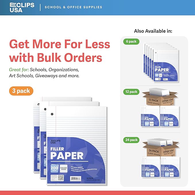 Loose Leaf Paper College Ruled Notebook Paper College Ruled Lined Paper Writing Paper Filler 10.5” x 8” 600 Sheets 200 Sheets Per Pack 60 gsm (3 Pack)