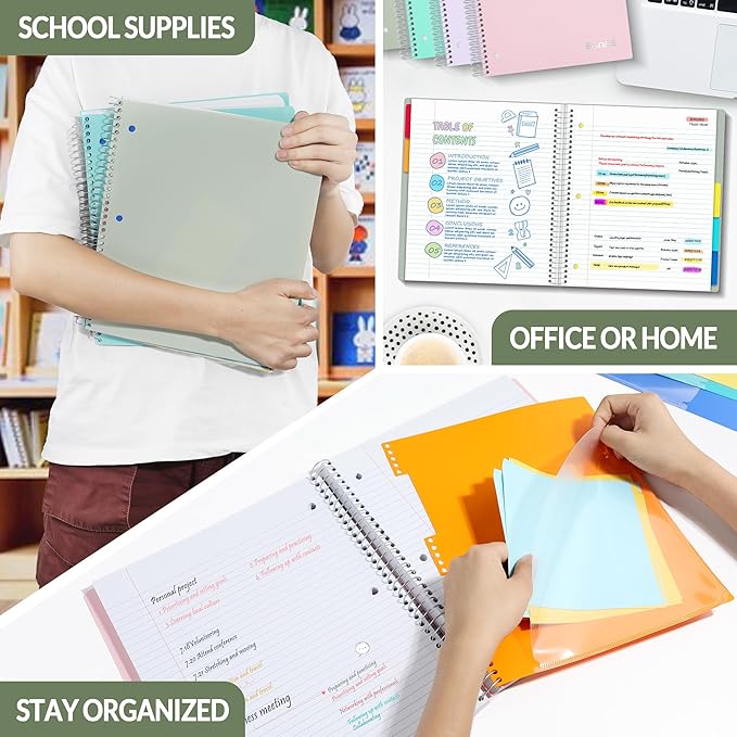 SUNEE 5 Subject Notebook College Ruled - 200 sheets (400 Pages), 9"x11", 5 Pocket Colored Dividers, 3-Hole Punched Paper, Sage Green
