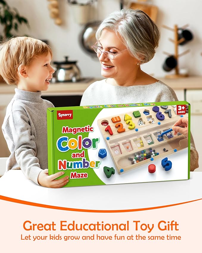 SYNARRY 3 in 1 Montessori Toys for 3+ Year Old, Educational Magnetic Color and Number Maze, Shape & Number Wooden Puzzle Counting Learning Toys, Easter Basket Stuffers Gifts for Kids