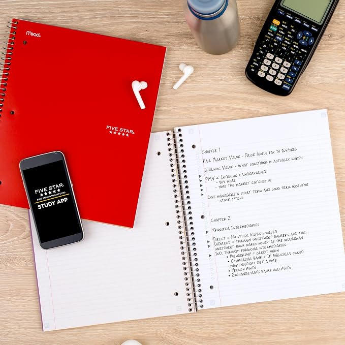Five Star Spiral Notebook + Study App, 5 Subject, College Ruled Paper, 8-1/2" x 11", 200 Sheets, Fights Ink Bleed, Water Resistant Cover, Fire Red (72077)