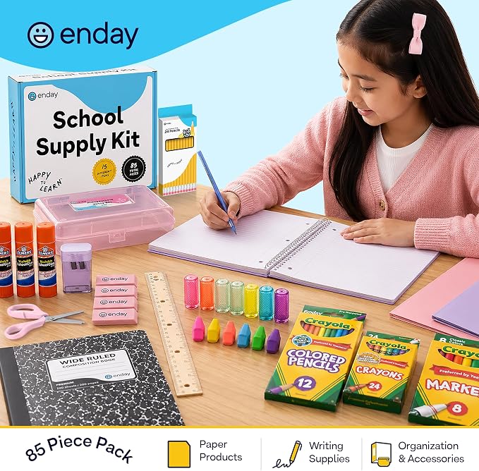 Enday Back to School Supplies for Kids - Pastel Kids School Supply Box, School Supplies Kit with Folders, Notebook, Composition Book, Pencils, Scissors, Markers, Crayons & Glue Sticks