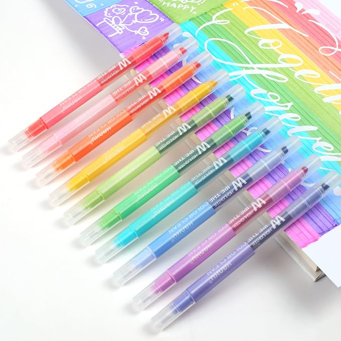 Erasable Highlighters Pastel Colors, 10 Colors Muted Dual Tip Markers, No Bleed Aesthetic Highlighters for Bible, Journaling, School Office Supplies, Double Ended Fine & Chisel Tip, Smooth Dry Fast