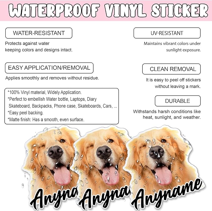 Custom Photo Stickers Personalized Pet Name Text Picture Add Your Image Stickers Dog Cat Waterproof Vinyl Decal for Water Bottles Tumbler Laptop Hard Hat Car Kindle Gifts for Girl Boy Pet Lover