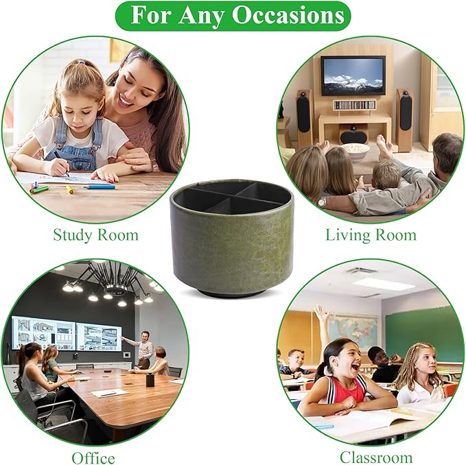 Round Leather Art Supply Organizer,Remote Control Holder,360 Degree Spinning,Multi-Functional Pencil Holder,4 Compartments Desktop Stationary Organizer(1-Oil Green)