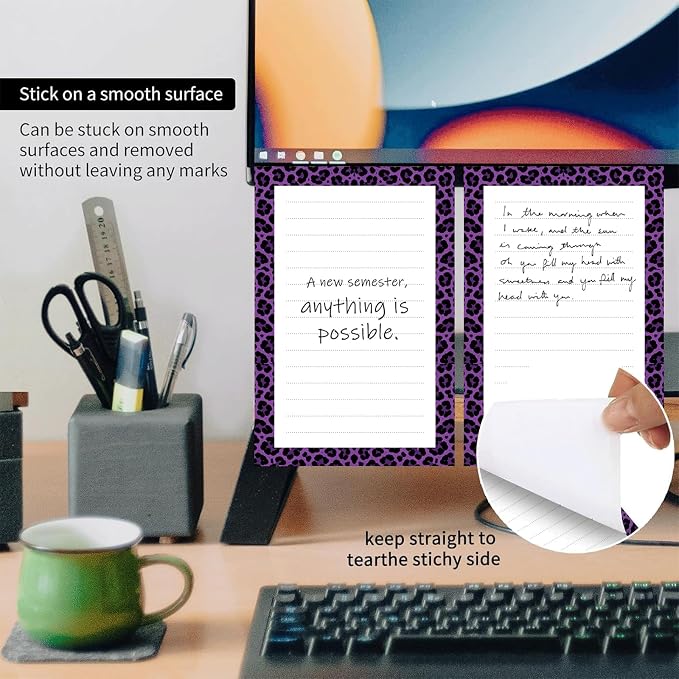 2 Pack Lined Sticky Notes 4x6 in, Cute Self-Stick Notepads with Lines, Large Memo Pads Strong Adhesive for Office, Home Purple Cute Leopard