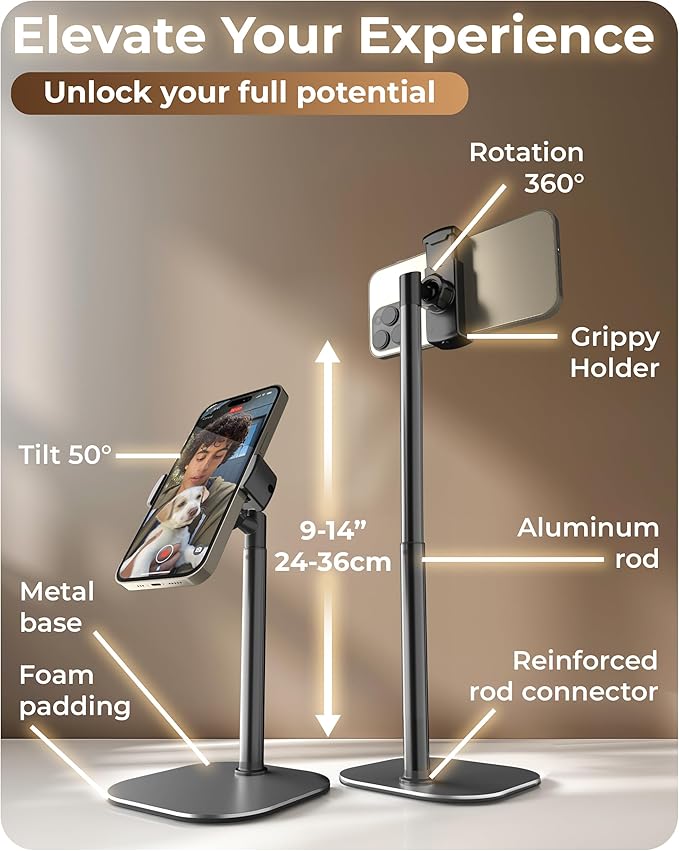 COOPER ChatStand, Adjustable Cell Phone Stand for Desk, Phone Stand for Recording, iPhone Holder for Filming, Small Tripod for iPhone, Fits Samsung, Android Smartphones, (Metallic Gray)