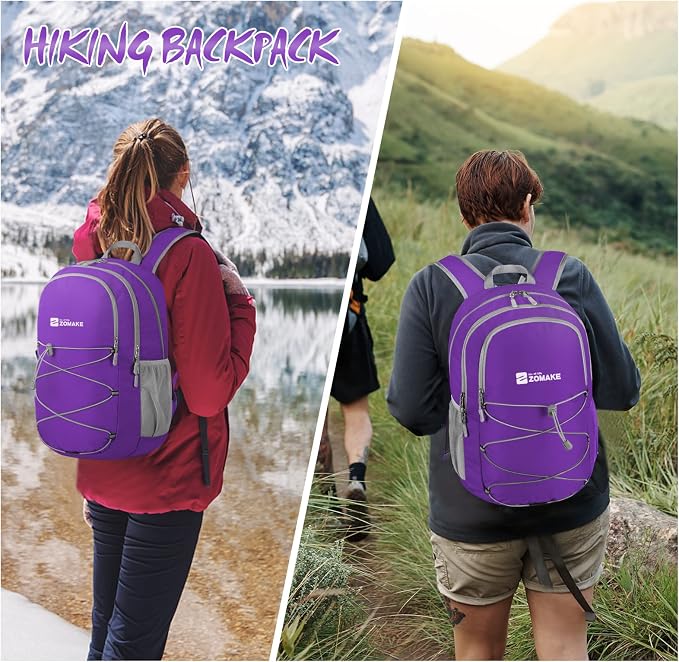 ZOMAKE Lightweight Packable Backpack, Water Resistant Foldable Daypack 28L | Light Hiking Backpacks Collapsible Day Pack for Travel, Everyday Carry, Multi Compartment Storage, Adjustable Strap (Purple)