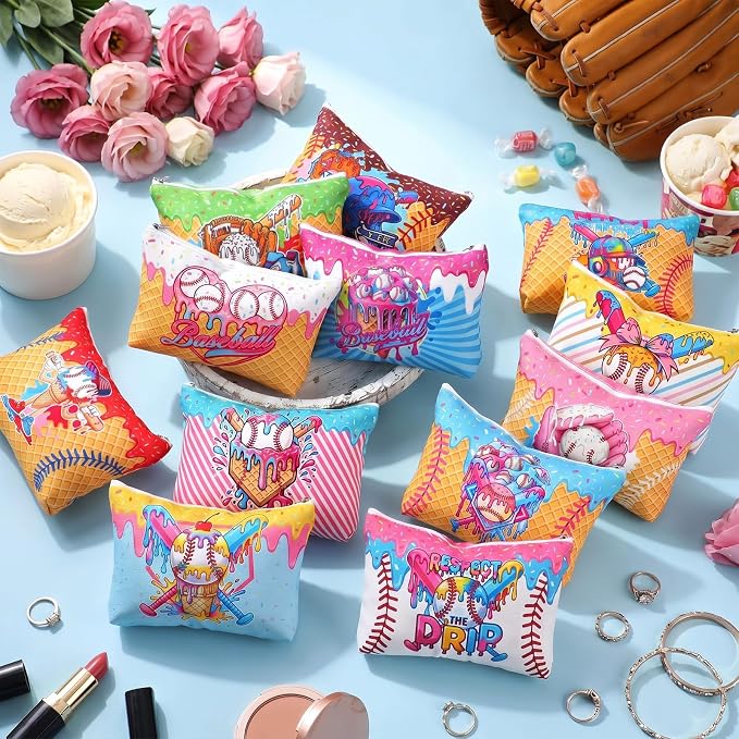 Reginary 12 Pcs Ice Cream Drip Baseball Cosmetic Bags Bulk Ice Cream Drip Snack Goodie Bags Zippered Travel Toiletry Makeup Pouch Gift Accessories for Candy Stuff Team Players Party Supplies