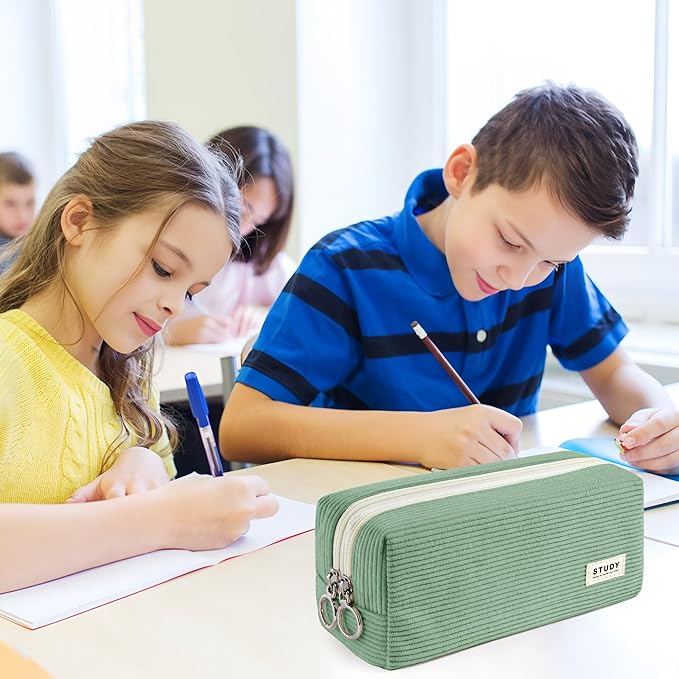 KALIDI Large Pencil Case Corduroy Pencil Pouch Box Cute School Supplies for Teen Girls Boys, Green
