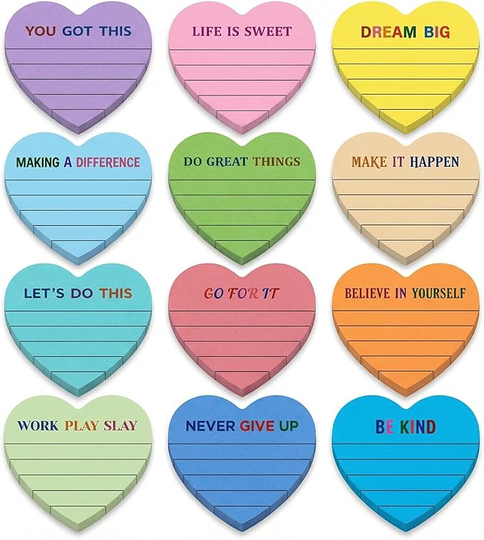 Teling 24 Pack Valentine's Day Sticky Notes Heart Lined Sticky Notes Inspiration Cute Self Adhesive Love Memo Pads for Galentines Party Exchange Gifts Home Office School 3x3 Inch