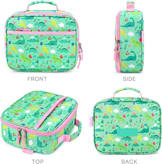 mibasies Kids Lunch Box for Girls Toddler, Insulated and Reusable Lunch Bag for School, Light Green Dinosaur Forset