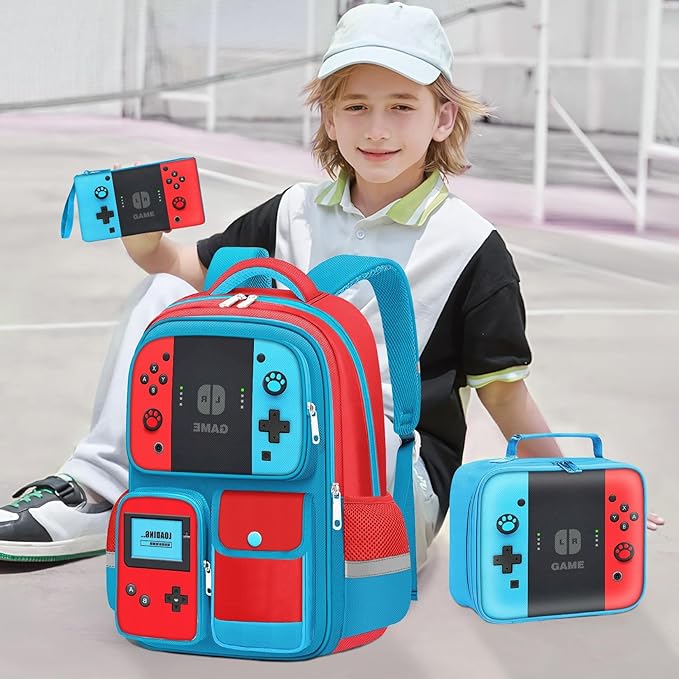 TILYTADLY Kids Backpack for Boys - 3pcs Gamer Boys Backpack with Lunch Box Set for Elementary Middle School - Students Bag for Ages 6-18,17″ Video Game Bookbag Travel Back Pack