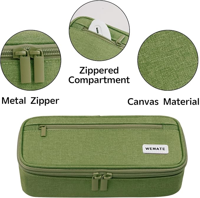 WEMATE Pencil Case, Large Capacity Pencil Pouch, Big Storage Organizer | for Stationery, Zipper Pen Bag, Travel Pen Box, Office Organizer Makeup Bag, for Men Women Green