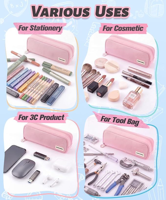 FAHZON Cute Pencil Case, 3 Large Compartments Pencil Pouch, Elastic Pen Slots&Mesh Pockets for Stationery, Pencil Bag for School Supplies with Zipper for Girls Boy Women Teens Adults-Pink