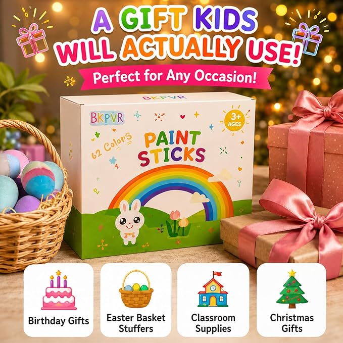 62 Colors Washable Solid Tempera Paint Sticks, Washable Paint Sticks Bulk, Quick Drying, Rainbow Colors Tempera Stick Kids Toddler, Mess Free Art Supplies for Paper Wood Glass Ceramic Canvas