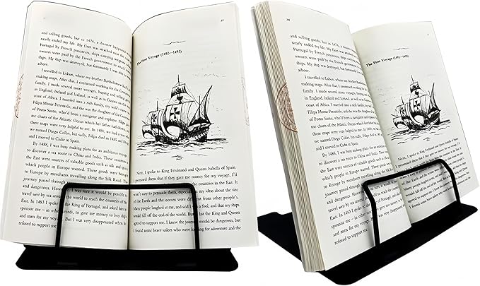 Azheeujy Metal Book Stand Folding Reading Book Holder with 6 Adjustable Angles and Paper Page Clip,Sturdy Desktop Book Holder for Cookbook,Magazine,Textbooks,Document,Music Book,Laptop,Tablet (Black)