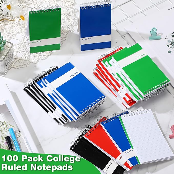 Thenshop 100 Pads Spiral Memo Pads Bulk 3 x 5 Inch Small Pocket Notepad Top Bound Lined 60 Sheets Mini Notebooks for School College Office Home Supplies (Black,Green,Dark Blue,Red)