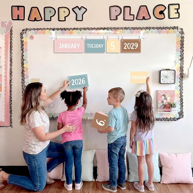 TecUnite Boho Flip Calendar Bulletin Board Set with Set 54 Cards Morandi Adjustable Flip Calendar for Classroom Preschool Graduation Gift Back to School Supplies