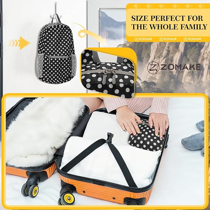 ZOMAKE Ultra Lightweight Hiking Backpack 20L, Packable Small Backpacks Water Resistant Daypack for Women Men(Black,White polka dots)