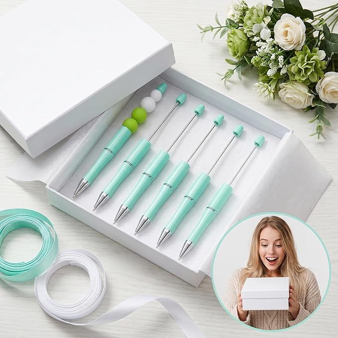 jiebor 30Pcs Beadable Pens Plastic Bead Ballpoint DIY Cute Cool Pens Black Ink for Women Men Bridal Graduation Gift Office Supplies Light Blue