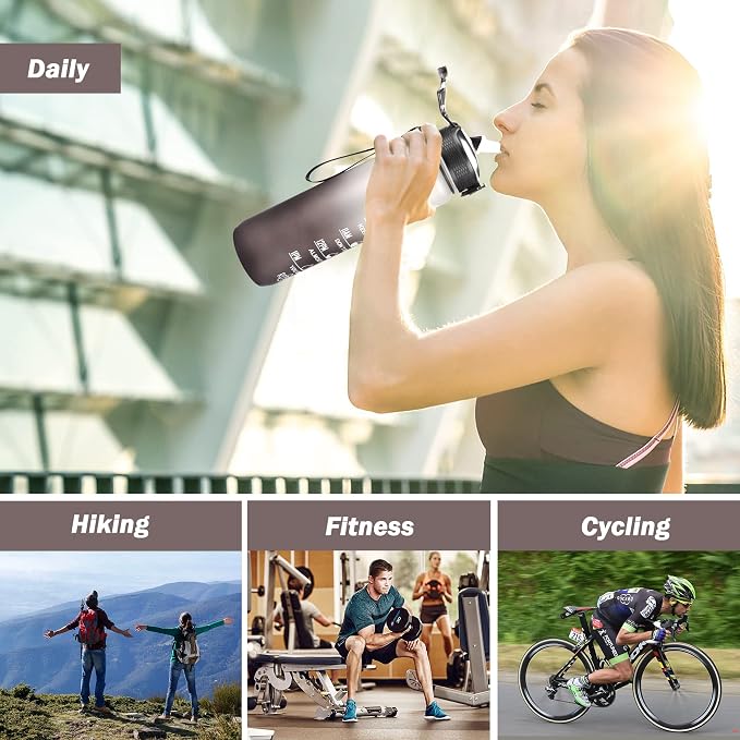 YC Kitchen Motivational Water Bottle with Time Marker - 32oz, Leak-proof BPA Free Sports Water Bottles with Straw & Carrying Strap (Pack of 2)