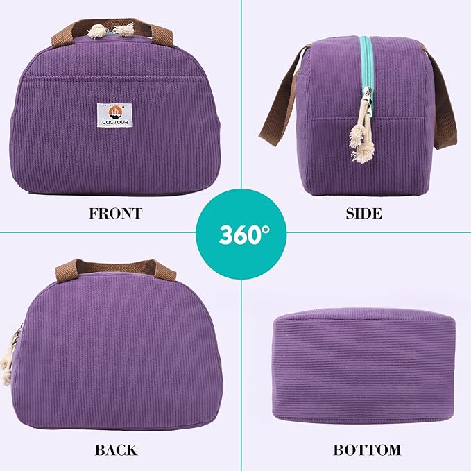 CaCTOUR Lunch Box Lunch Bag for Women Girls Teens, Cute Lunch Box Cooler Bag, Portable Small Insulated LunchBox Reusable Corduroy Lunch Tote for Work/Travel/Picnic/School (Purple)