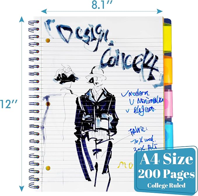 5 Subject Notebook, 2 Pack College Ruled Notebook with Storage Divider Pockets, Index Tabs, 11" Ruler, 200 Pages, for Writing Journal, School, Business, Office Supplies, A4, (2pcs Blue)