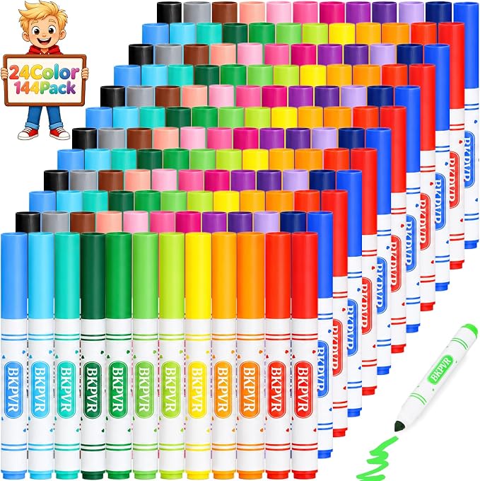 Markers Bulk, 144 Washable Markers for Kids Classroom, 24 Colors