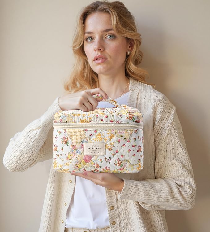 HBselect Quilted Makeup Bag, 3Pcs Cotton Large Travel Makeup Bags Organizer | Cute Floral Make up Bag Cosmetic Bag Toiletry Bag for Women Girls, Makeup Pouch for Skincare, Brushes & Travel Essentials