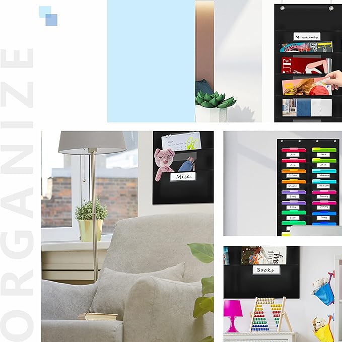 Vantasii Nylon Storage Pocket Chart with 20 Name Tag Pockets, Hanging Wall File Organizer, 4 Hooks and 20 Blank Cards, Organize Your Assignments, Files, Scrapbooks, Paper (28.5”x 47”) …