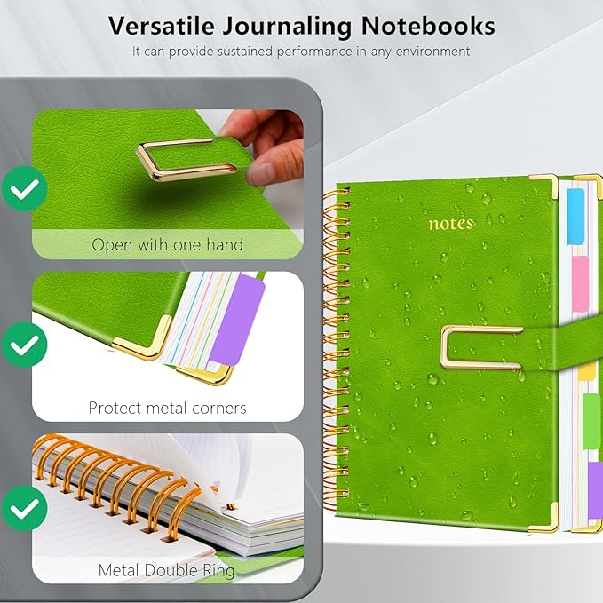 Hardcover Spiral Notebook College Ruled, 6.2"x 8.2" Leather Journal Notebook with Magnetic Closure, 300 Pages 5 Subject Notebook with Dividers Tabs Journal for Women Men, Work, School(Grass Green)