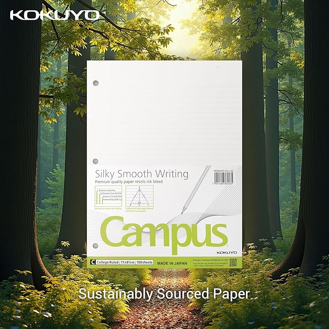 Kokuyo Campus Loose Leaf Paper for 3 Ring Binders, 11” x 8-1/4” Smooth Writing Lined Paper, 500 Sheets, 70 GSM, College Ruled, Bleeding-Resistance, School Suppliers, Made in Japan (WSG-NO-887G1x5)