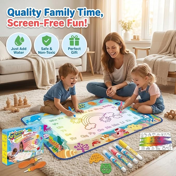 Water Doodle Mat for Kids, Large 40 x 32 Aqua Magic Reusable Drawing Mat, Mess Free Coloring & Writing Toy, Educational Gift for Toddlers Boys Girls