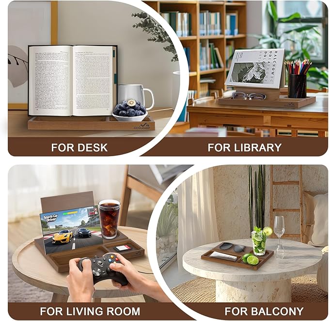 Acacia Book Nook Reading Valet Stand, Wooden Book Stand for Reading Rest, Triangle Books Holder with Cup, Pen, Phone & Earphone Holder, for Nightstand Bedside Desk Library and Book Lover Gifts
